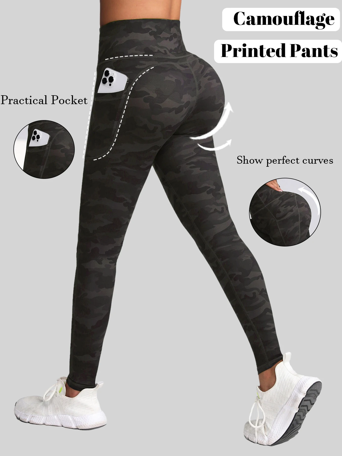 Women Camouflage Printing Leggings with Pockets High Waist Elastic Fitness Tights Outdoors Running Pants