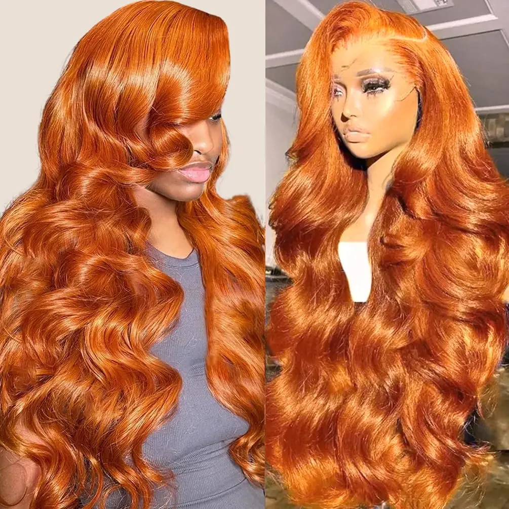 

Ginger Human Hair Lace Front Wig 28inch Body Wave Pre Plucked Orange Glueless 200 Density