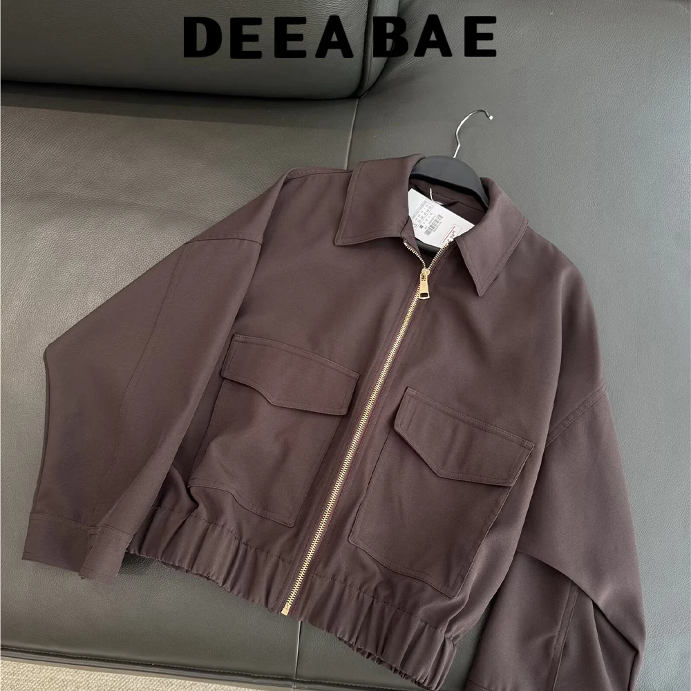 

DEEABAE Temperament collar, large drop shoulder sleeves pocket decoration elastic waistband short silhouette zipper cardigan