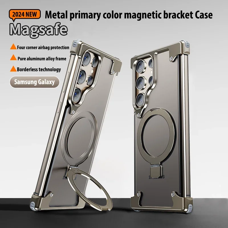 

For Samsung Galaxy S23 S24 Ultra Case Metal Magsafe frame four corner airbags Transparent leather Finger Ring Phone Holder cover