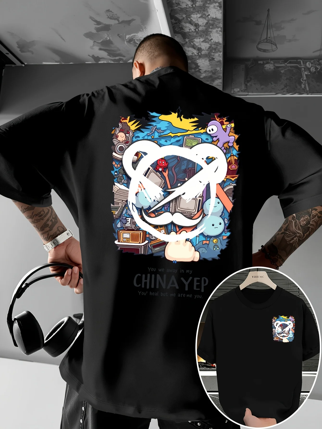 Hot selling men's summer bear graffiti print micro elastic breathable round neck T-shirt outdoor urban high street top