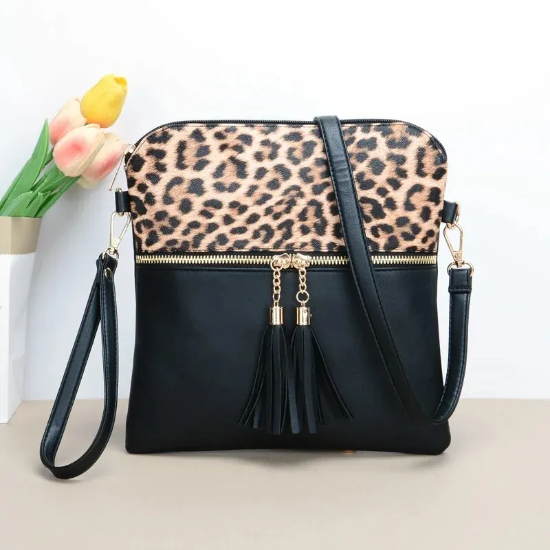 Casual Leopard Pattern Crossbody Bags For Women, Vintage Style Double Tassel Shoulder Bag For Daily Used Gift