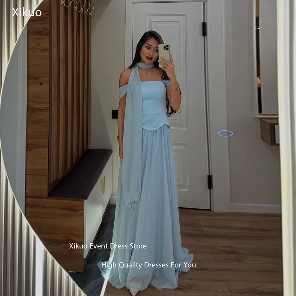 

Xikuo Ribbons A Line Evening Dresses Off Shoulder Draped Party Dresses Flowy Light Blue Pleated Vestidos De Fiesta Customized