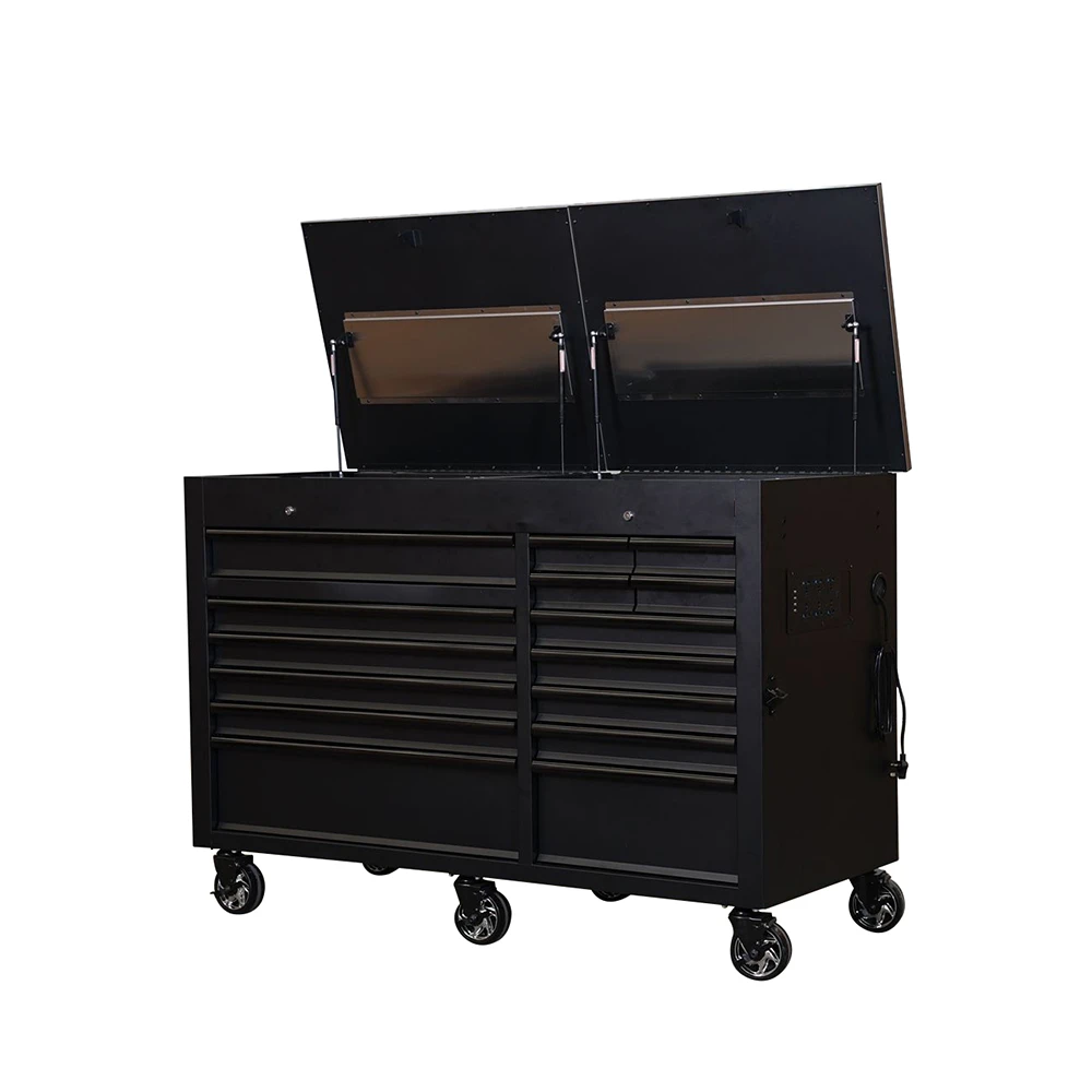 Black Steel workbench Roller Cabinet Tool Trolley Tool Chest Storage Tool Box 15 drawers plug socket and side tray one one side