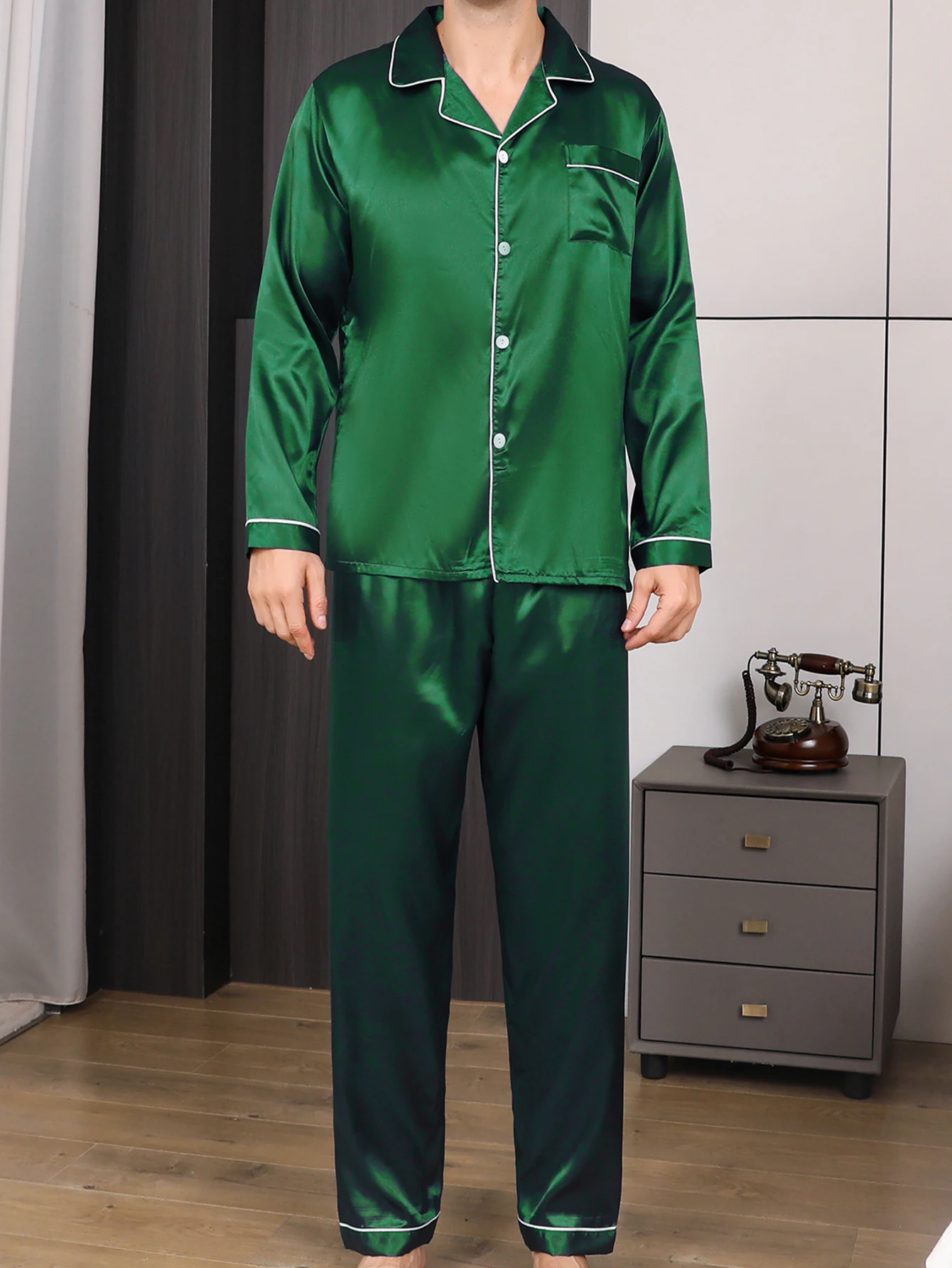 Conjunto de pijama de dos piezas para hombre ropa de dormir de satén de seda pantalones de manga larga informal simple color sólido Otoño e Invierno