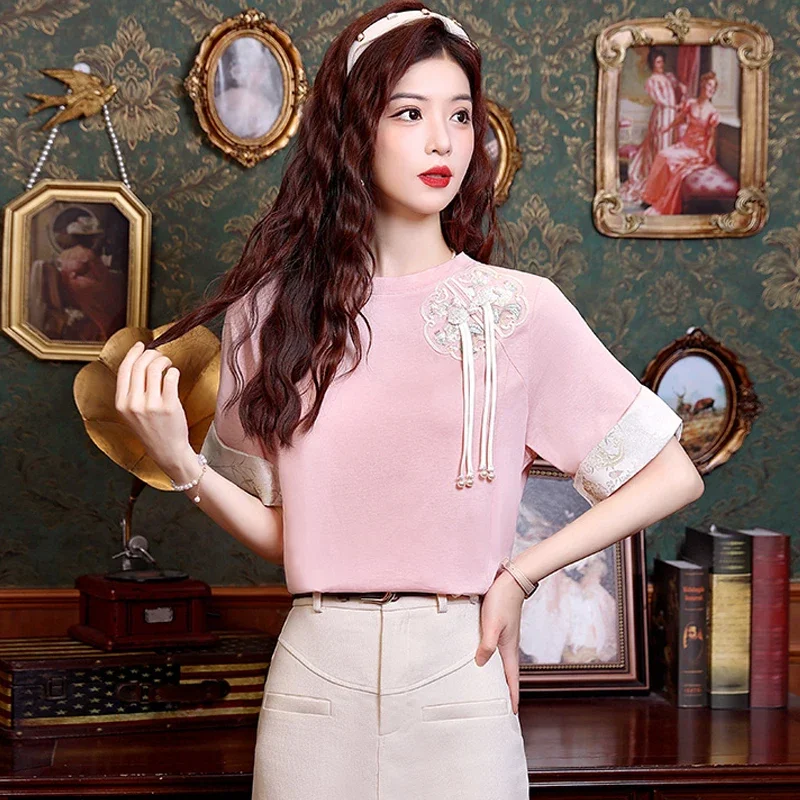 New Summer Short Sleeve Pink Women Blouse Casual Embroidery Blouse Shirt Women Tops Blusas Mujer De Moda 2024 Verano Blusa H753