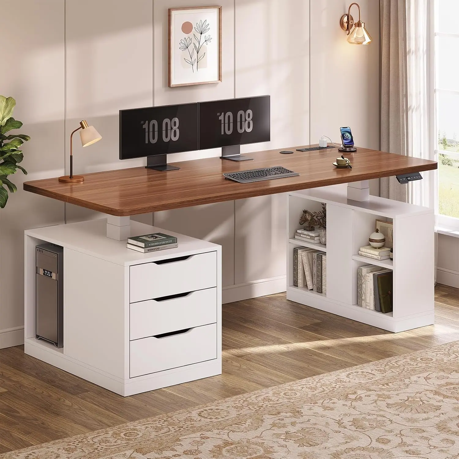 Modern Electric Standing Desk, 63" Height Adjustable Computer Desk with 3 Drawers, Storage Shelves, Power Outlets, Wood, Custom