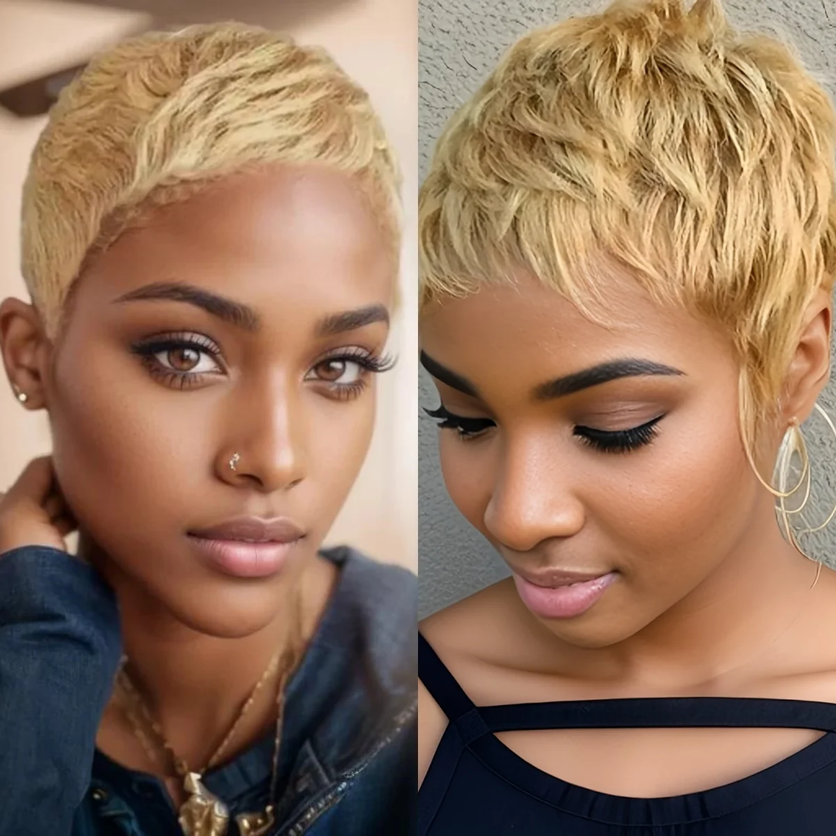 금발 픽시 가발 인모 짧은 픽시컷 전체 머신메이드 가발 (앞머리 포함)