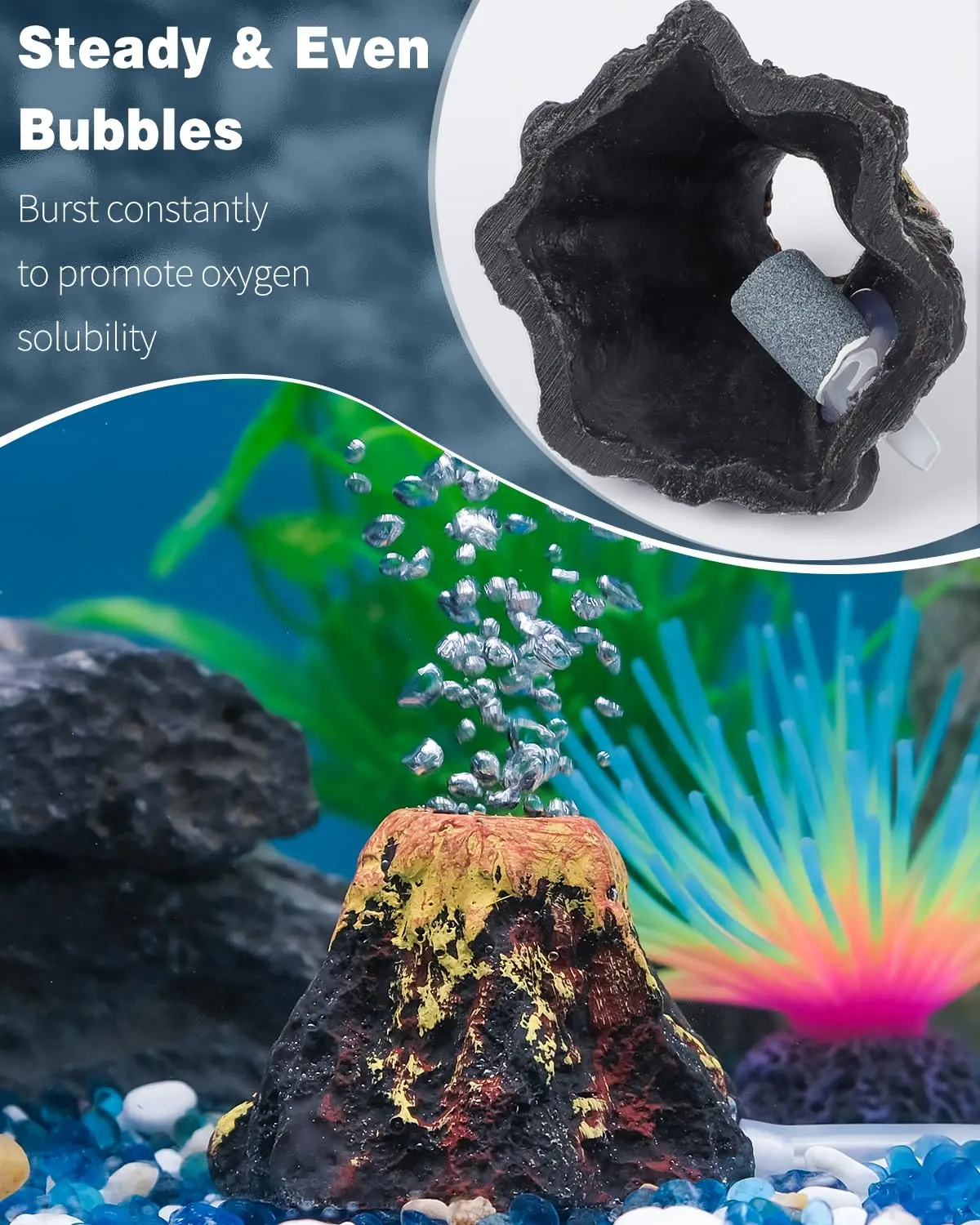 Aquarium Decoration Kit for Fish Tank Resin Volcano Decoration Comes with Gas Stone Bubble, Air Pipe Accessories for Oxygenation