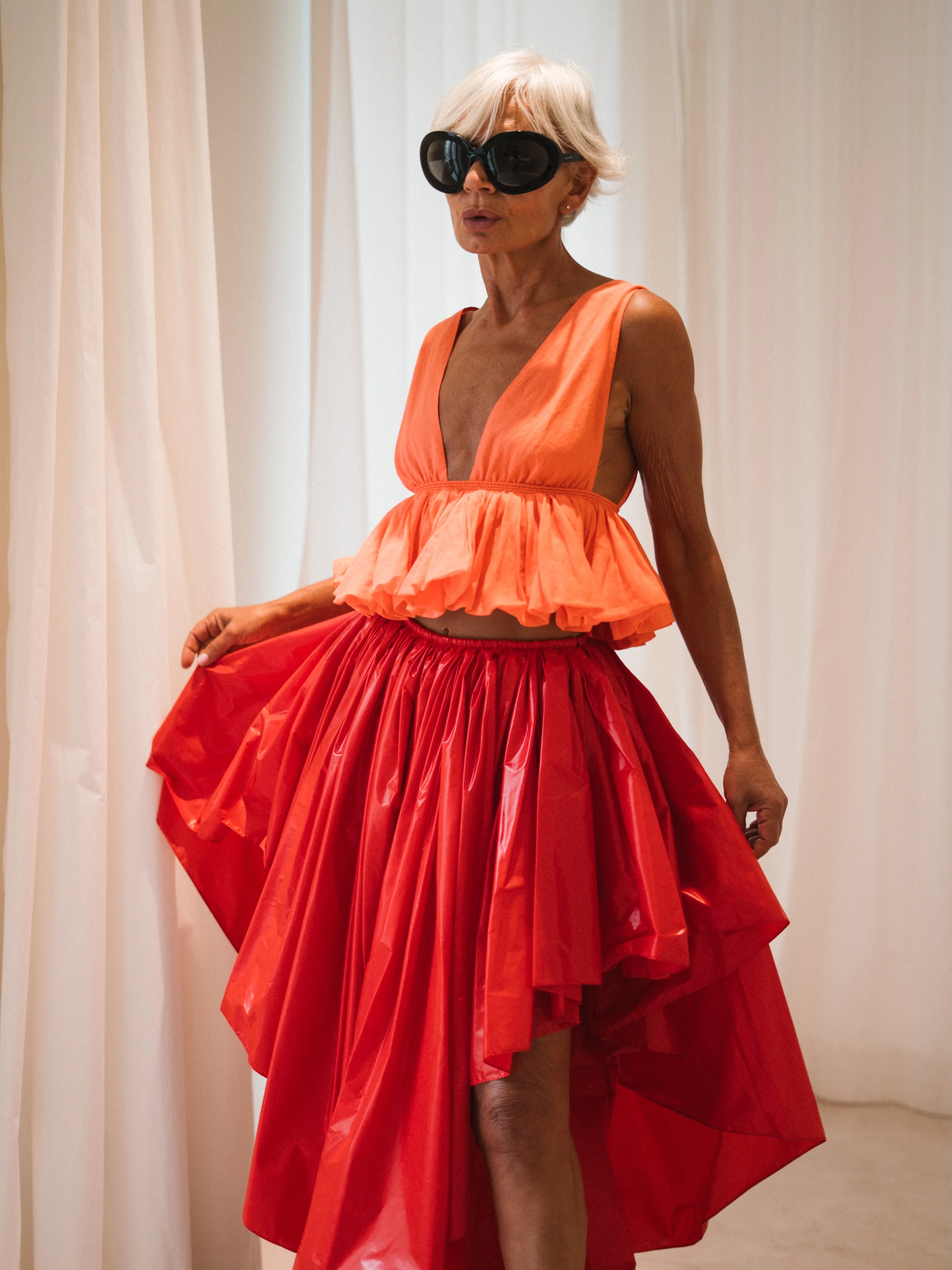 Women Summer High Waist Tiered Ruffle Midi Skirt, Elegant High-Low Hem A-Line Maxi Skirt Satin Flowy Boho Beach Vacation Skirt