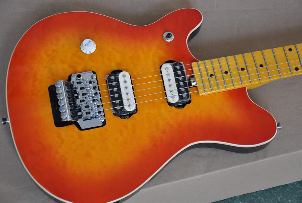 Left Hand Orange Electric Guitar with Tremolo,Quilted Maple Veneer,Yellow Maple Fretboard