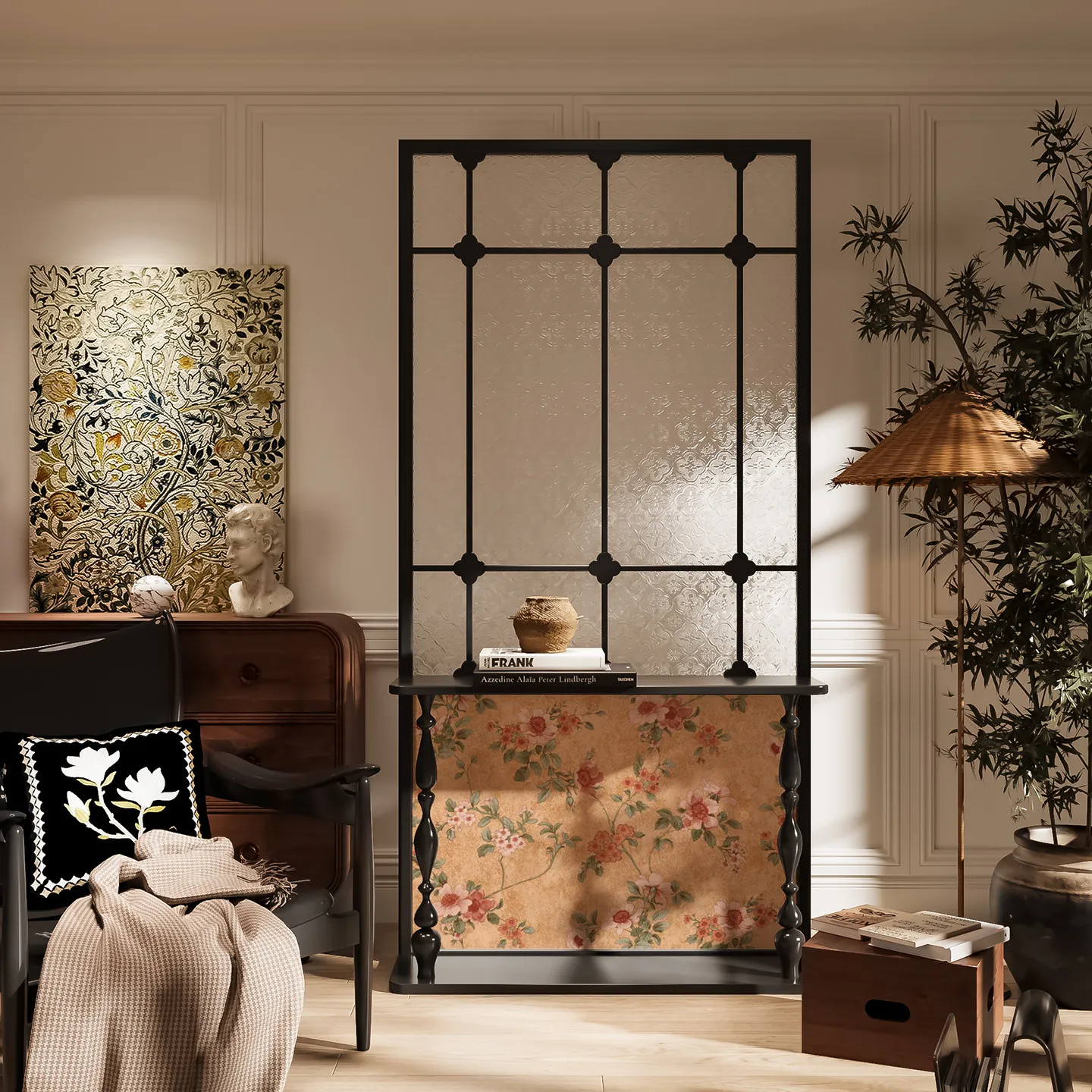 French medieval glass screen partition living room sofa background removable home cover porch retro style seat screen