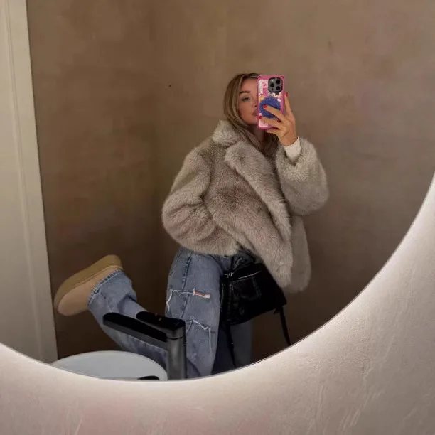 للإناث 2025 الشتاء المرأة فو الفراء سترة معطف لون نقي التلبيب طوق سيدة معطف الفرو البيئي رقيق قصيرة فضفاضة الفراء سترة #1