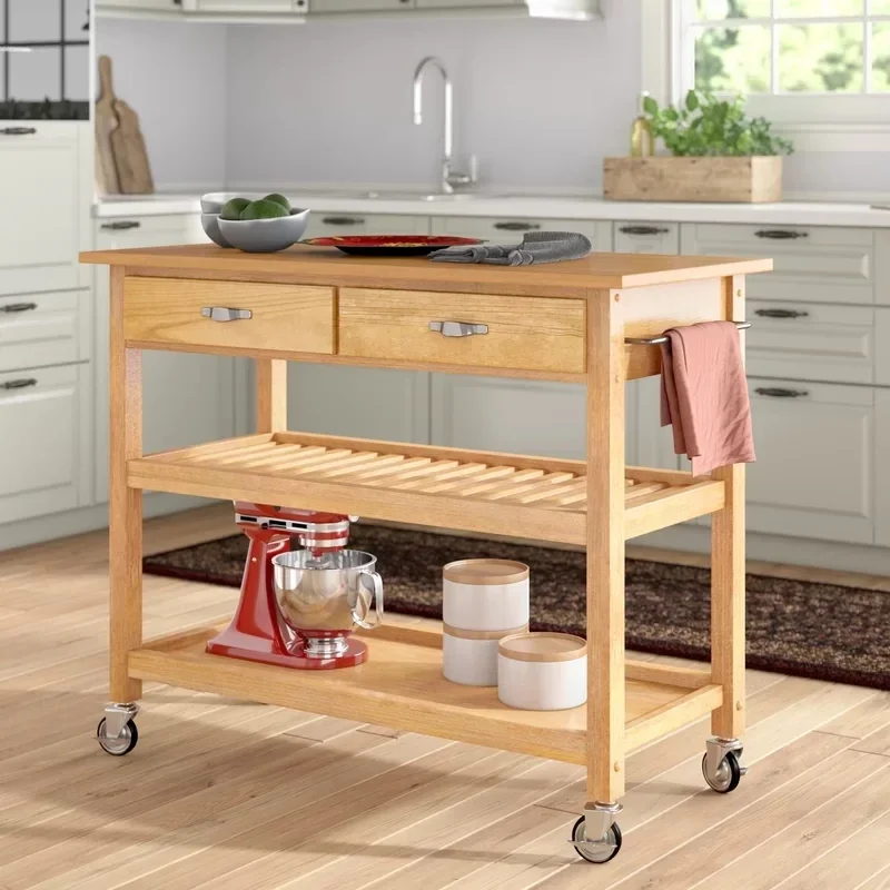 Customized Modern Design Style Classic Rubber Solid Wood Kitchen Island Cart with A Wooden Top