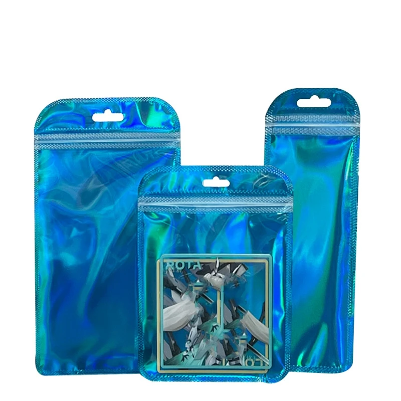 50pcs Blue Holographic Bags Smell Proof Zipper Jewelry Foil Pouch For Small Businesses Products Packaging Food Candy Storage