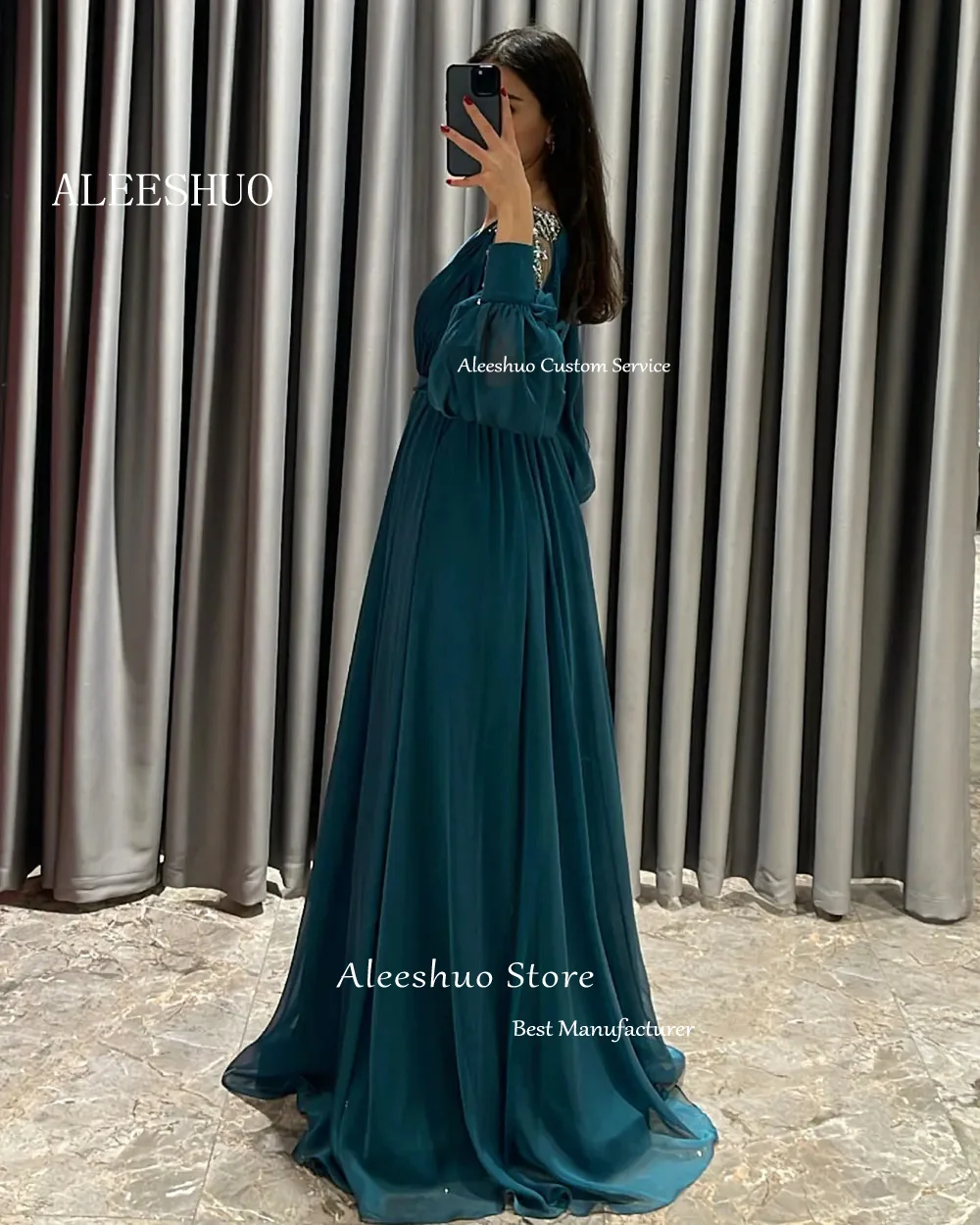 Aleeshuo Groene Kralen Prom Jurken Chiffon Bruiloft Feest Lange Mouw V-Hals Formele Prom Feestjurken Side Split Womens Avondjurk