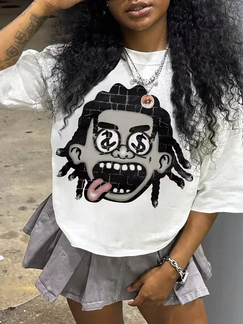 Street-style Hip-hop Graphic T-shirt Featuring An American-style Cartoon Avatar Print Unisex Short-sleeved Retro Y2K Casual Tops