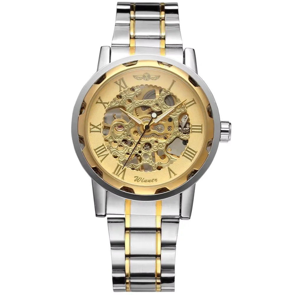 WINNER Fashion business men's and women's watch gold hollow dial design watch stainless steel strap automatic mechanical watches