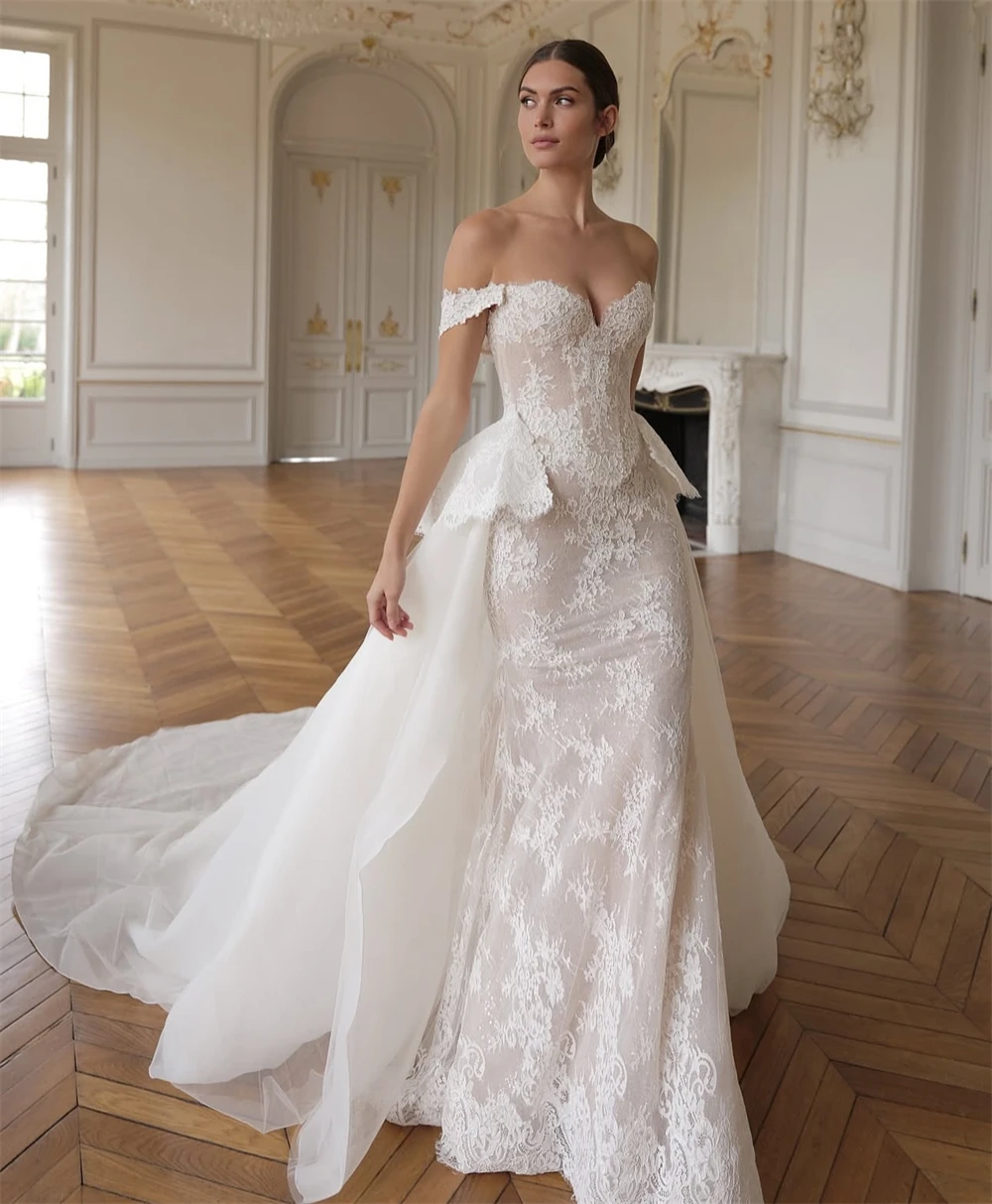 Customized Boho White Organza Wedding Dress Sexy Sweetheart Off the Shoulder Robe de mariée Soft Mermaid Court Train Bridal Gown