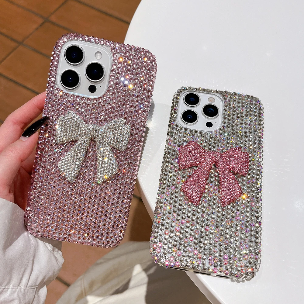 Bling Diamond Crystal Bowknot Glitzer-Handyhülle für iPhone 16 15 14 13 12 Air 17 Pro Max 11, stoßfeste, stilvolle Rückseite