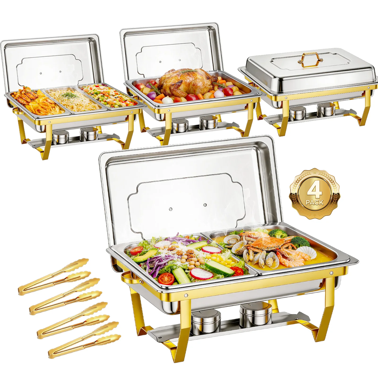 4Packs Chafing Dish Buffet Set Half-Gold Stainless Steel 316 Food Warmer  Single/Double/Triple Compartment Fuel Burners Hot Pot for Parties Buffets Weddings Birthdays Family