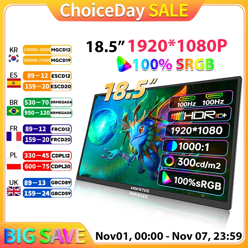 Hgfrtee 18.5インチポータブルモニターADS-IPS 100hz rgb100 % 拡張ディスプレイラップトップセカンドスクリーンvesa hole & スタンド付き