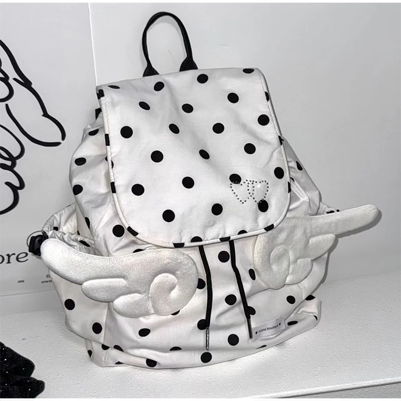 Y2k Cute Polka Dot Backpack Girls 3d Angel Wings Design Drawstring Flap Backpack Kawaii Sweet Style Lightweight Daily School Bag