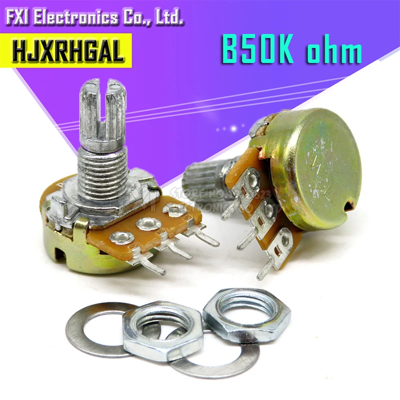 5PCS 50K ohm WH148 B50K 3pin  Potentiometer 15mm Shaft With Nuts And Washers Hot