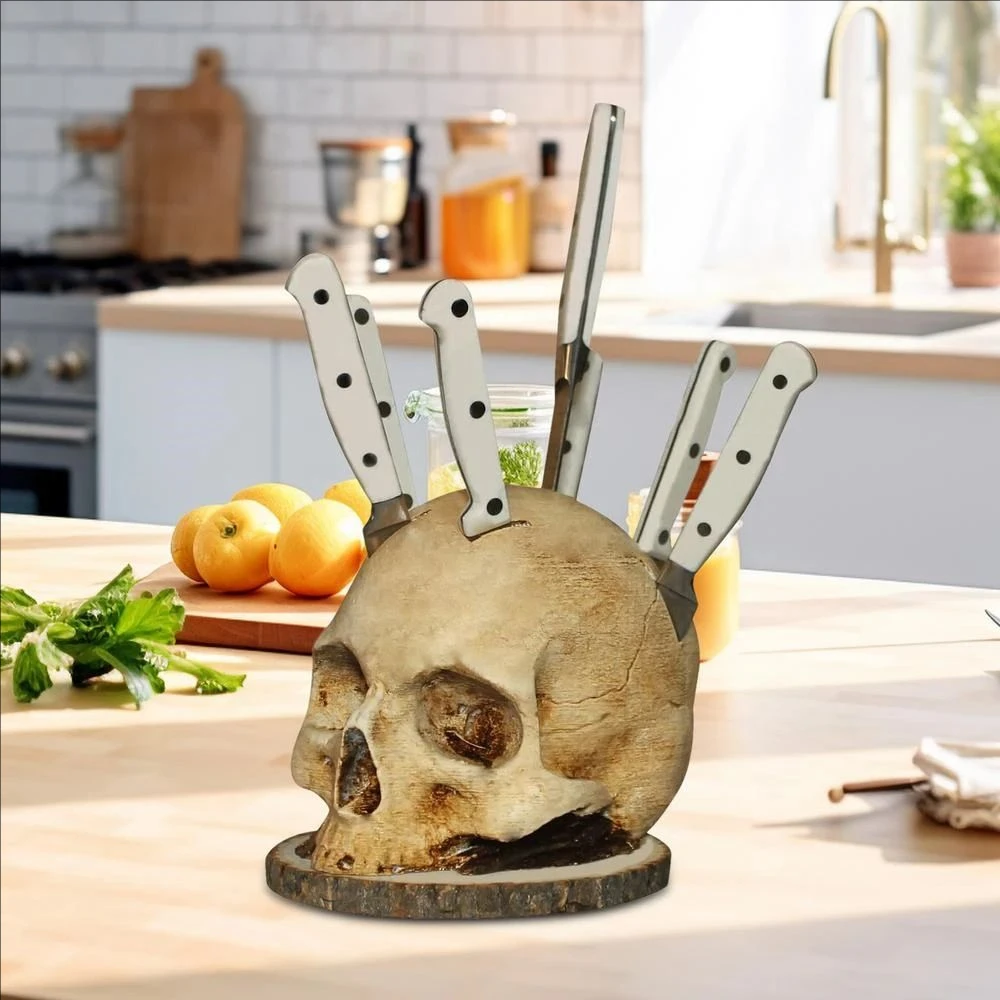 

Home Kichen Knife Block Skull Head Resin Slicing Small Knife Holder Skeleton Scary Party Decoration Chef Knives Stand Organizer