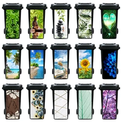 Green Plants Flower Trash Can Sticker Waterproof Outdoor Trash Can Seaside Scenery Decorative Mural Decals Garbage Bin Stickers