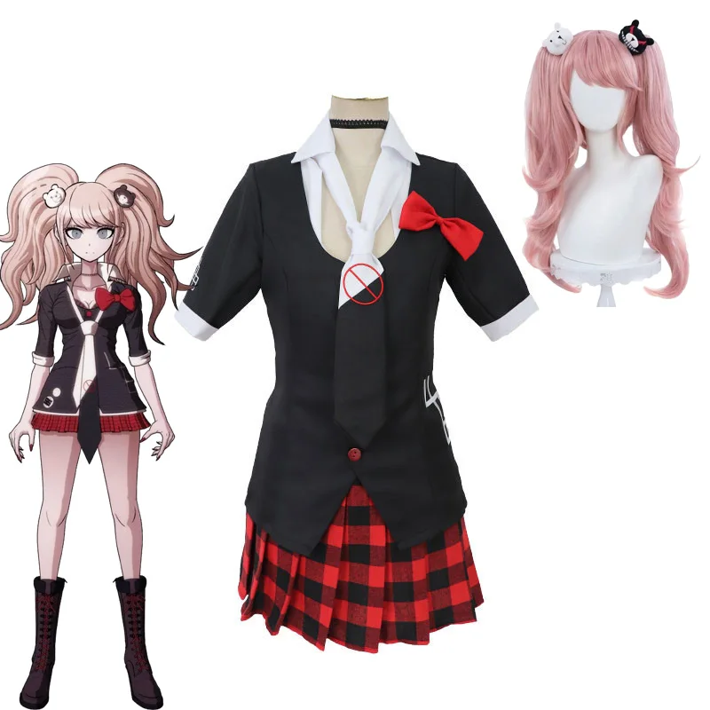 Junko Enoshima Cosplay Danganronpa Kostüm Anime Dangan Ronpa Cosplay Schuluniformen Monokuma Haarnadeln Damen Mädchen Outfit Anzug