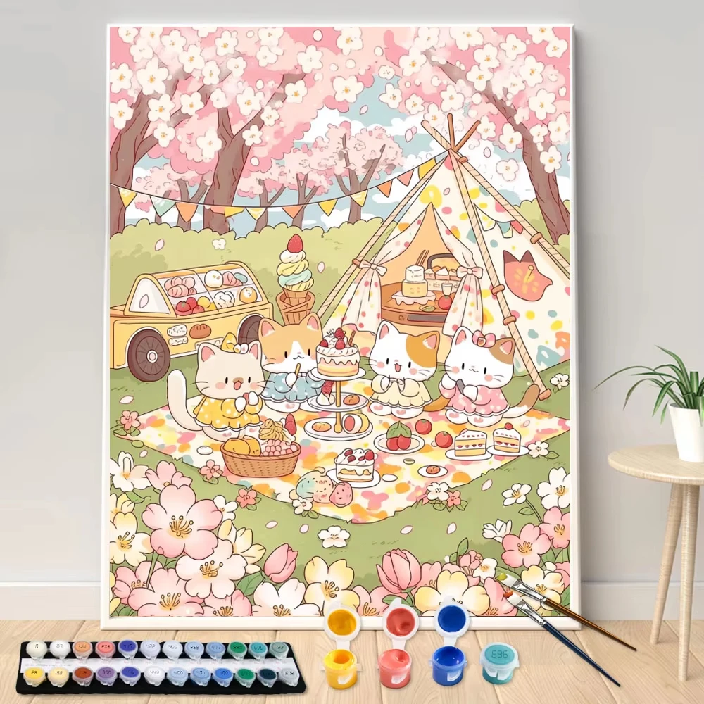 Kits de peinture par numéros 40x50cm, image de chat en pique-nique aux fleurs de cerisier, pour décorations de maison, cadeau DIY peint à la main