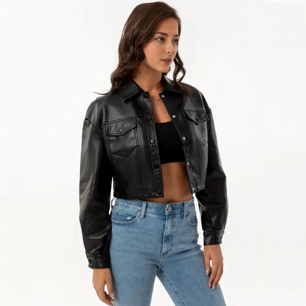 Women Slim-fit Jacket Stylish Women's Windproof Faux Leather Motorcycle Jacket with Chest Pocket Slim Fit Biker Coat for Long