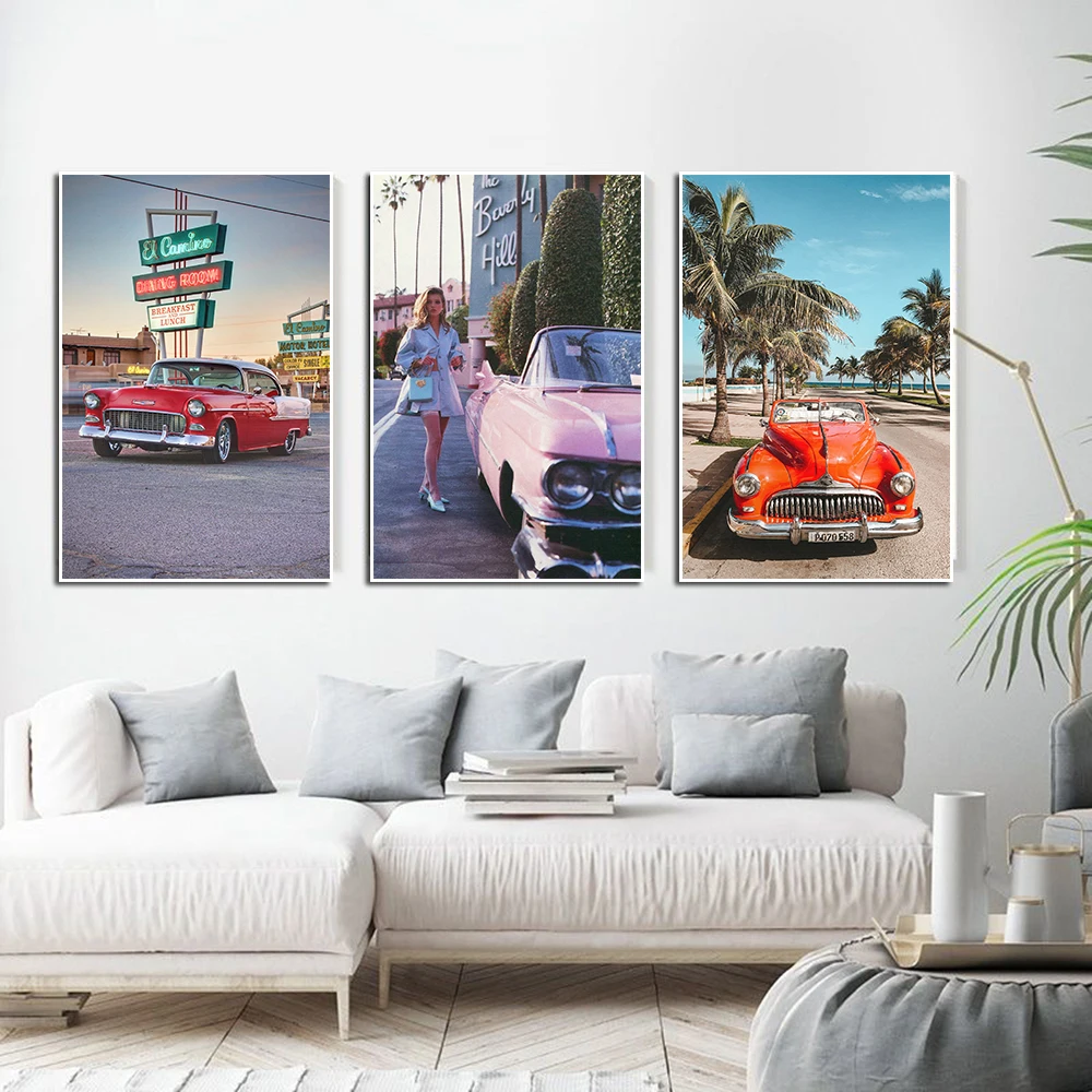 Retro Fashion Pink Racing Poster Sexy Girl Seaside Landscape Canvas Painting Abstract Luxury Sports Car Wall Art Room Decor Gift