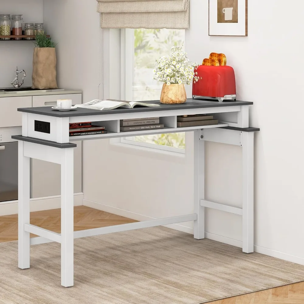 Bar Table with Charging Station, 36” Counter Height Table w/ 3 Storage Compartments, Power Outlets, Modern Farmhouse Console Ta
