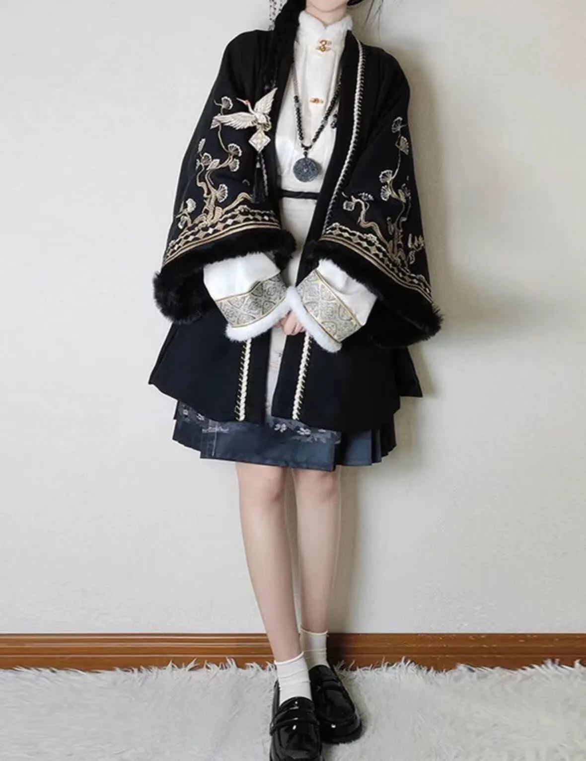 

Платье-блузка «Журавль Ханфу», юбка с конским лицом, осень-зима, повседневная плюшевая толстая вышивка, элитная традиционная китайская одежда