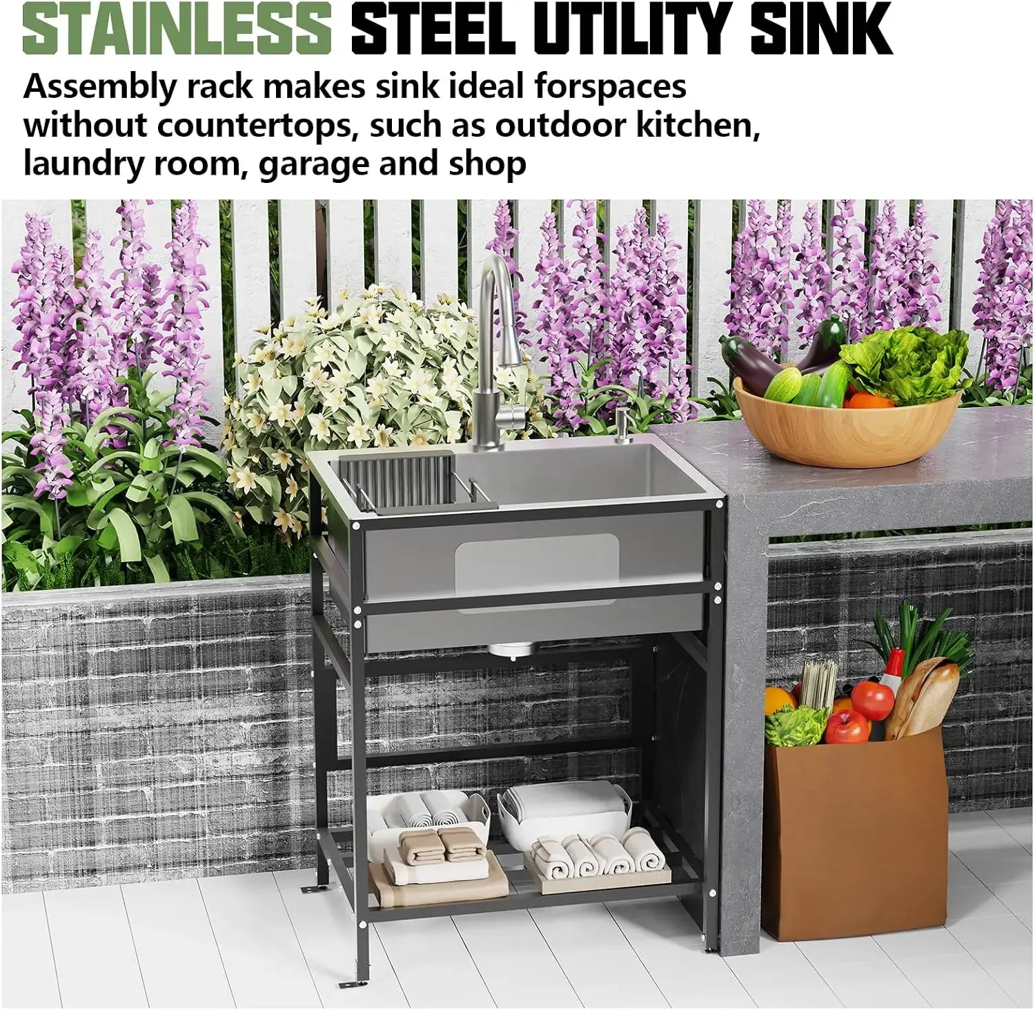 Utility Sink, 25x18 Inch Stainless Steel Freestanding Laundry Sink Practicality With Accessories-Kitchen Faucet,Soap