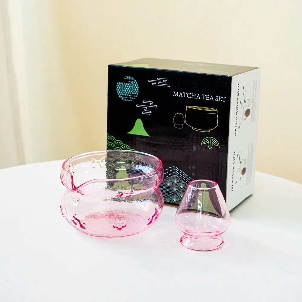 

New Glass Matcha Bowl Pink Bowknot Matcha Making Kit Reusable with Pouring Spout Tea Bowls Tea Lovers
