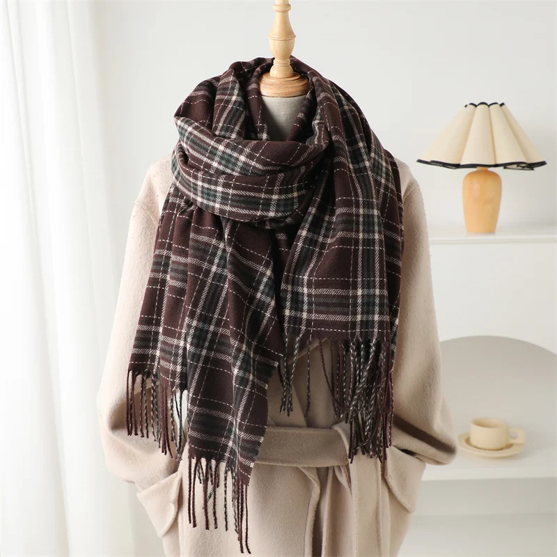 2024 Fashion Winter Thick Pashmina Warm Shawl Wrap Plaid Tassel Blanket Cashmere Like Scarf Women Neckerchief Poncho Stoles