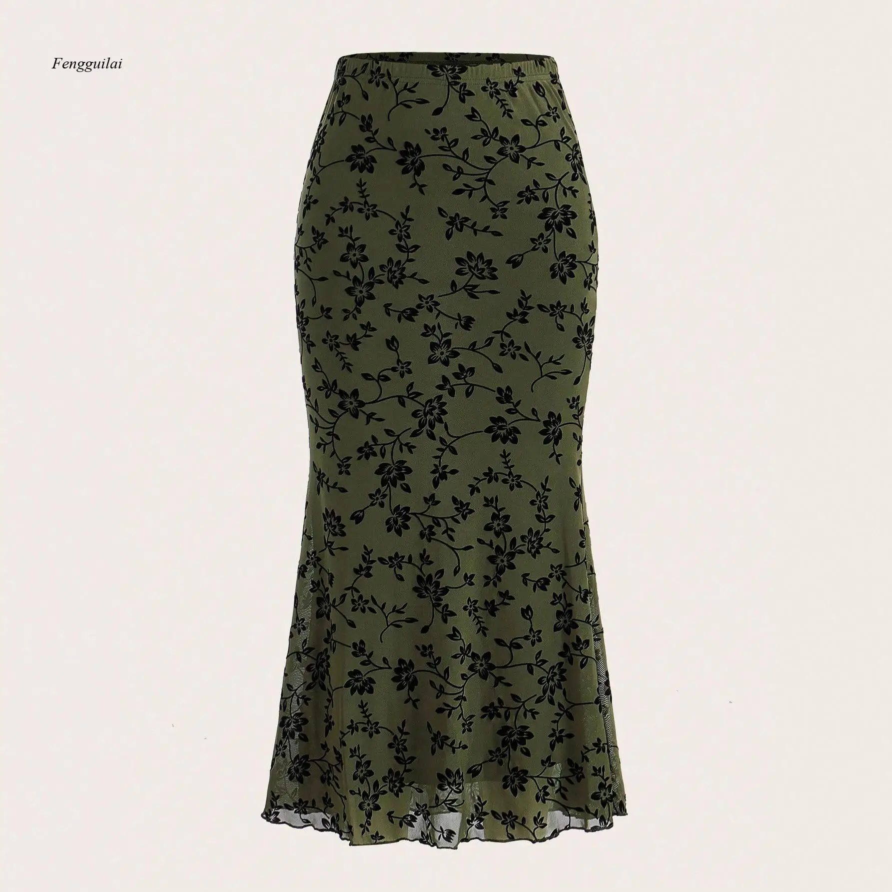 Women's Olive Green Floral Mesh Midi Skirt, High Waist Mermaid Hem Bodycon Skirt, Velvet Flocked Print Elegant Bottoms