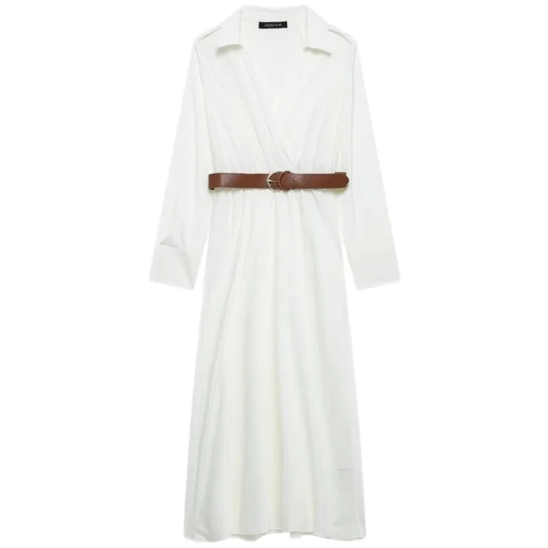 Spring 2025 New Arrival Women's Long Silk Satin Dr with Belt Versatile Faionable Commute Sle Long Sve Single Piece