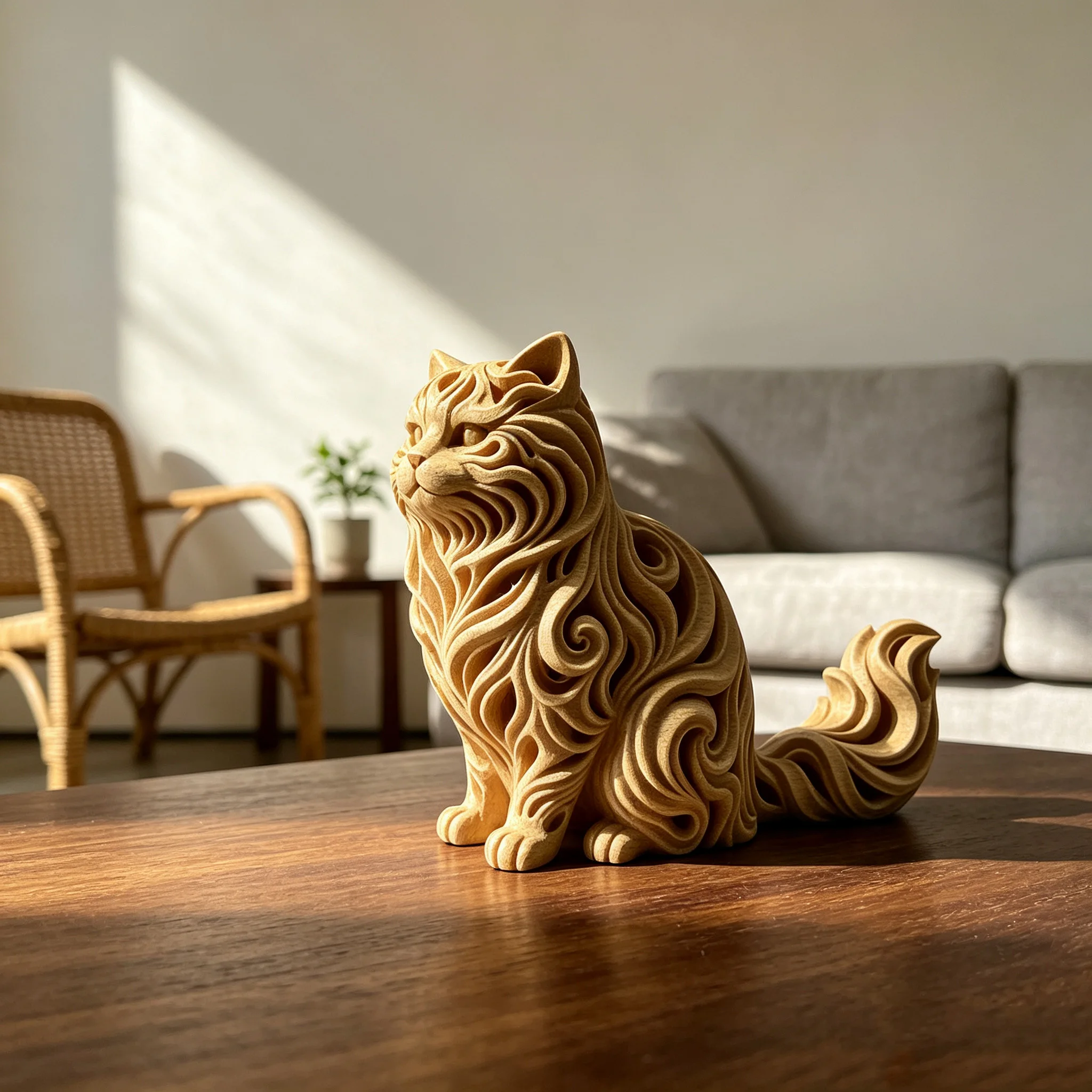 Vintage Hohlgeschnitzte Katzenfigur 3D-Gedruckt mit Holzimitat-Textur Langhaarige Katzenstatue Kunsthandwerk Dekoration für Zuhause und Schreibtisch – Detail 6