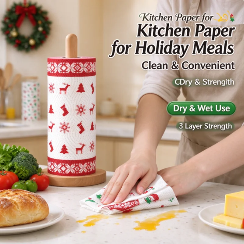 Christmas-themed printed kitchen paper towels - three-layer thick, suitable for both dry and wet cleaning - for holiday kitchen