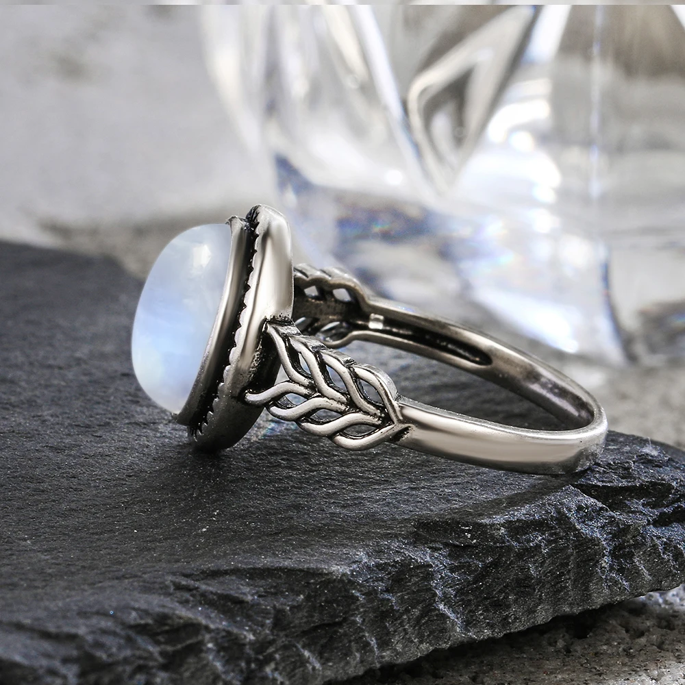 925 Sterling Silver Ring 8x10MM Oval Natural Moonstone Vintage Rings High Quality Fashion Women\'s Fine Jewelry