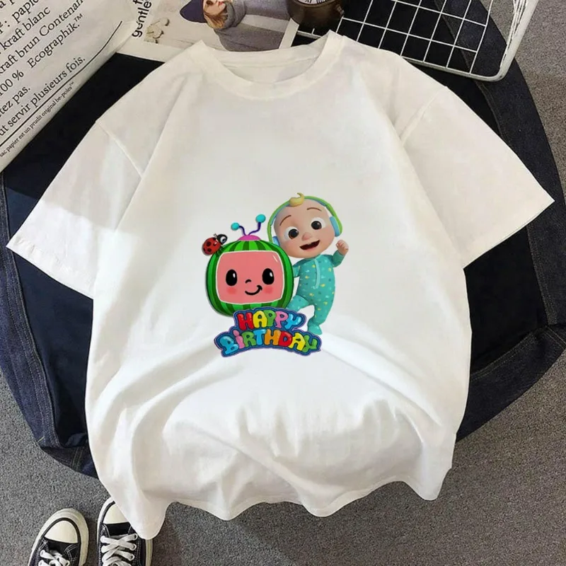 Cocomelon camiseta dos desenhos animados verão moda manga curta topo camiseta meninos e meninas topos verão streetwear branco crianças camisetas