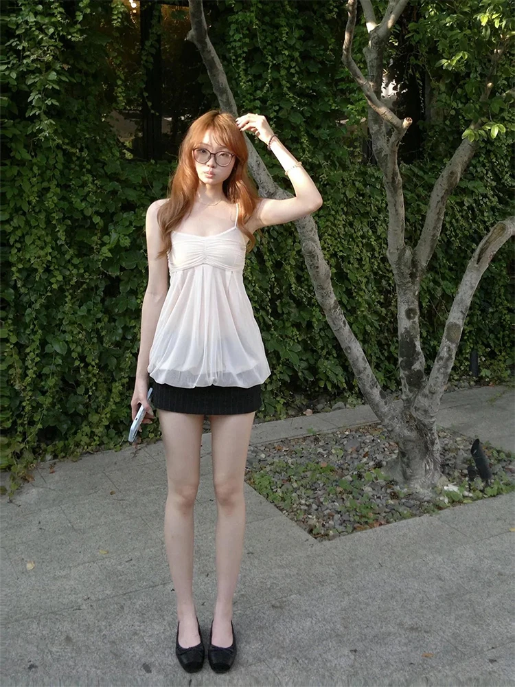 Korean Style Pure Desire White Mesh Splice Tank Top Black Stripe  Skirt Summer New Two-Piece Set Women's Fashion Ensemble
