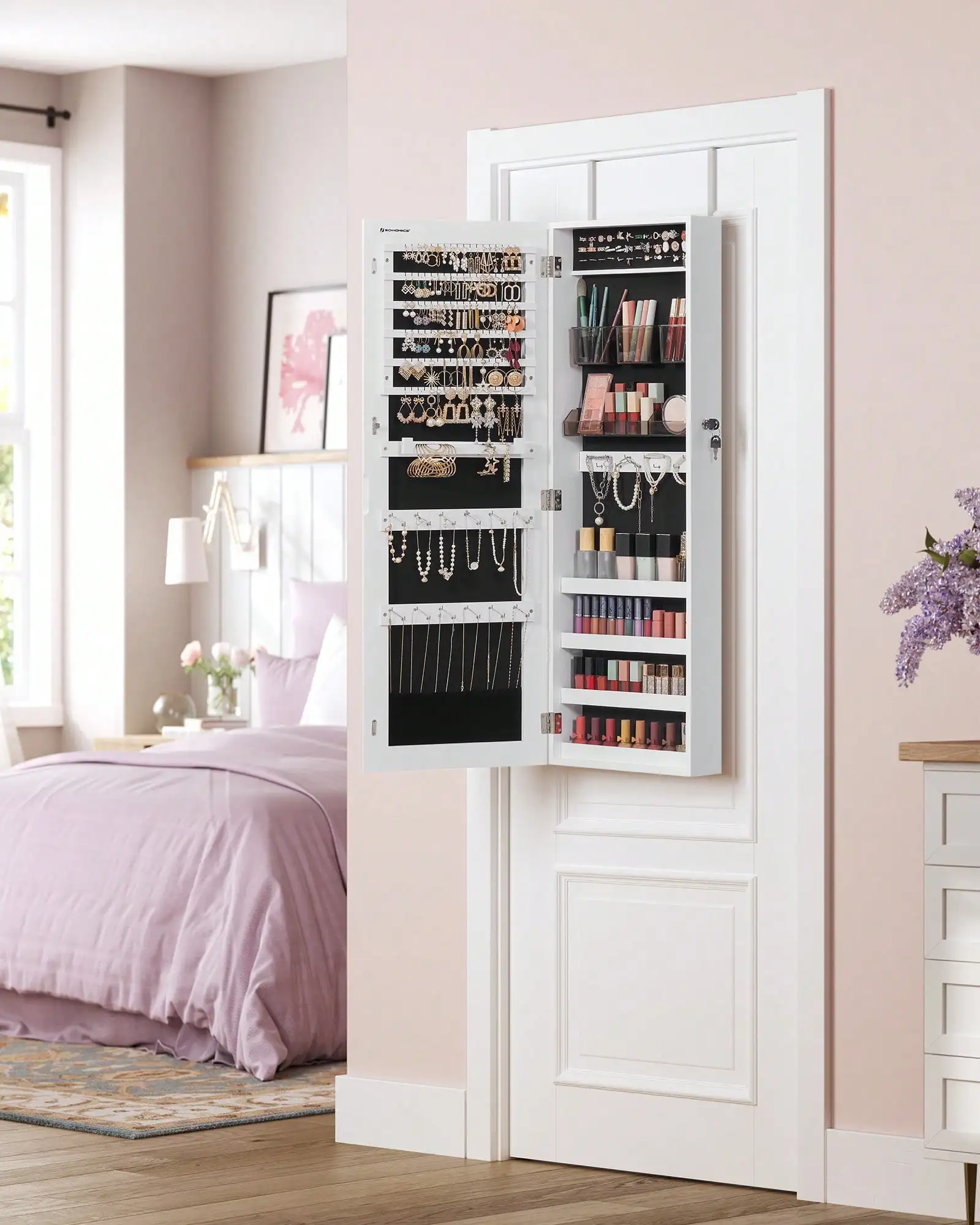 SONGMICS Jewelry Cabinet Armoire Lockable Wall Mounted Mirror Organizer Unit With 2 Plastic Cosmetic Storage Trays, Full-Length Frameless Mirror, Brown, White, Toasted Oak Color, Black, Textured Brown