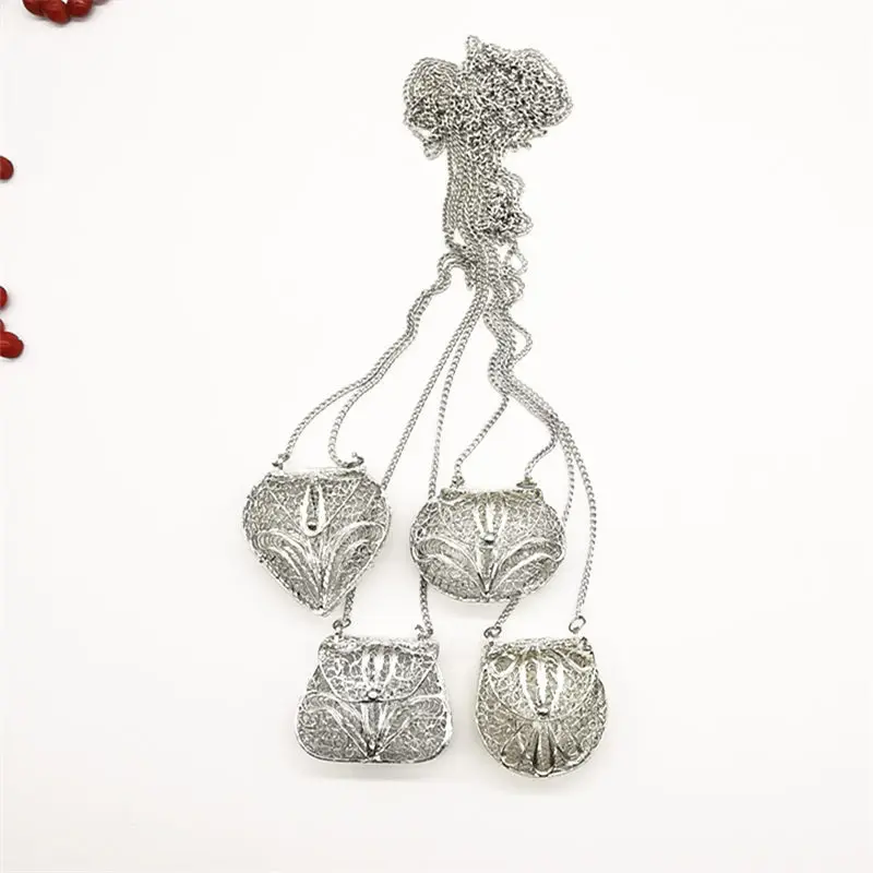 2024 Spring New Fashion White Metal Copper Filigree & Hollow Silk Heart Pouch Pendants with Chain Necklace for Girls