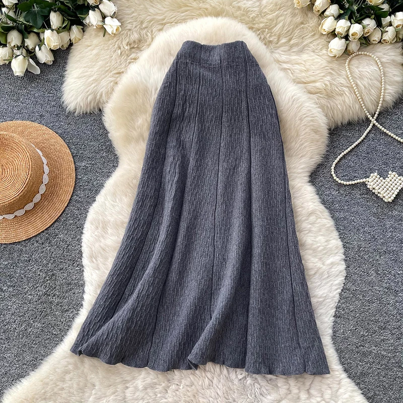 Women Knit Skirt Korean Style High Waist A Line Casual Patchwork Midi Skirt Slimming Versatile Knit Faldas Female Fall SK148
