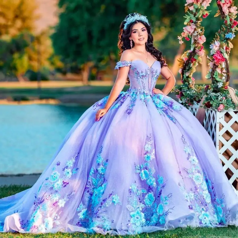 Lavender Shiny Quinceanera Dresses Lace Appliques Beading Tull Off the Shoulder Princess Ball Gown For Sweet 16 Vestidos De 15